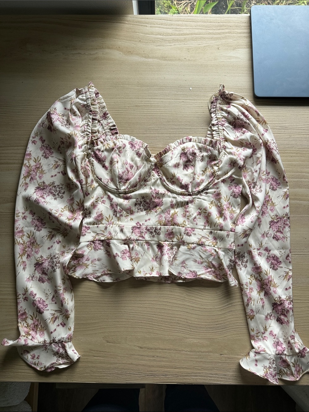 Astr Floral Sweetheart Ruffle Peplum Crop Top - Cream with Pink Floral